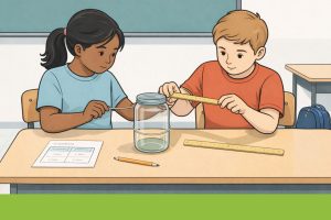 Due bambini misurano la circonferenza di un barattolo con spago e righello per scoprire il numero π.